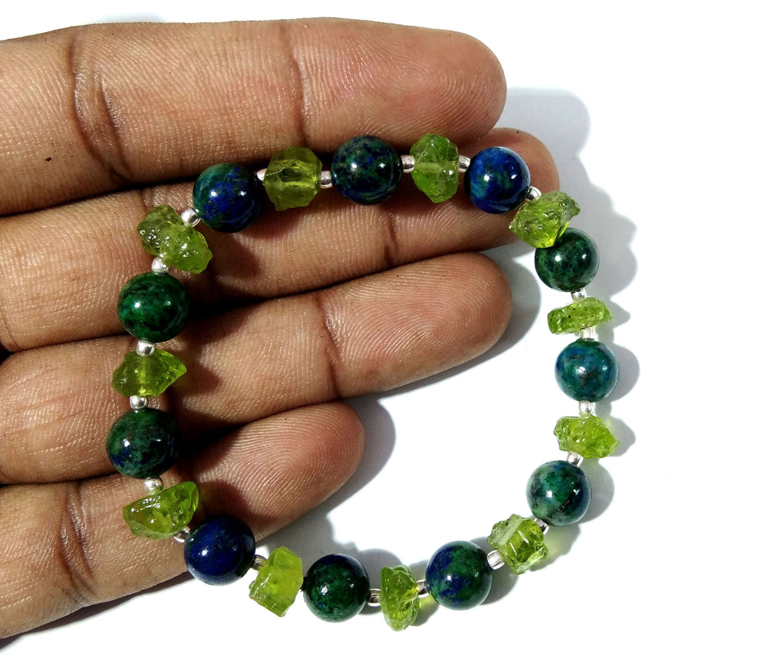 Natural Azurite Malachite & Peridot Stone Bracelet, 925 Sterling Silver Bracelet, Healing Crystal Beaded Bracelet Gift Easter day Bracelet