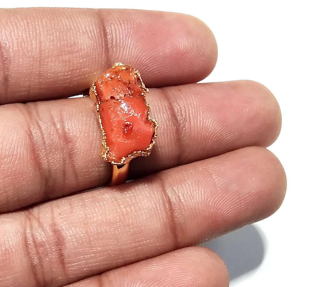 Natural Red Coral Rough Stone Ring, Solid 925 Sterling Silver Gold Plated Ring, Red Coral Stone Size 15x8 mm Handmade Gift Statement Ring
