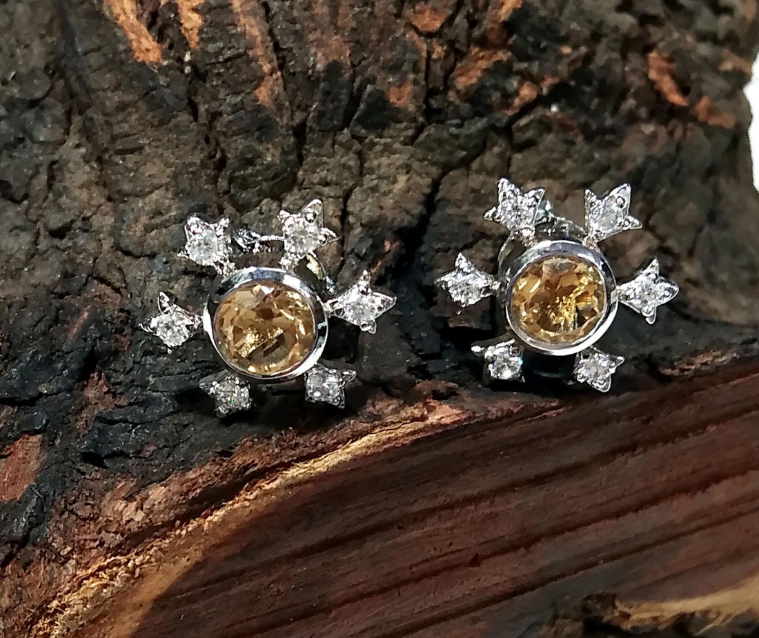 Amazing Design Citrine & White Zircon Stud Earring, 925 Starling Silver Earring, Natural Citrine Gemstone Round Shape Stone Size 5x5mm Studs
