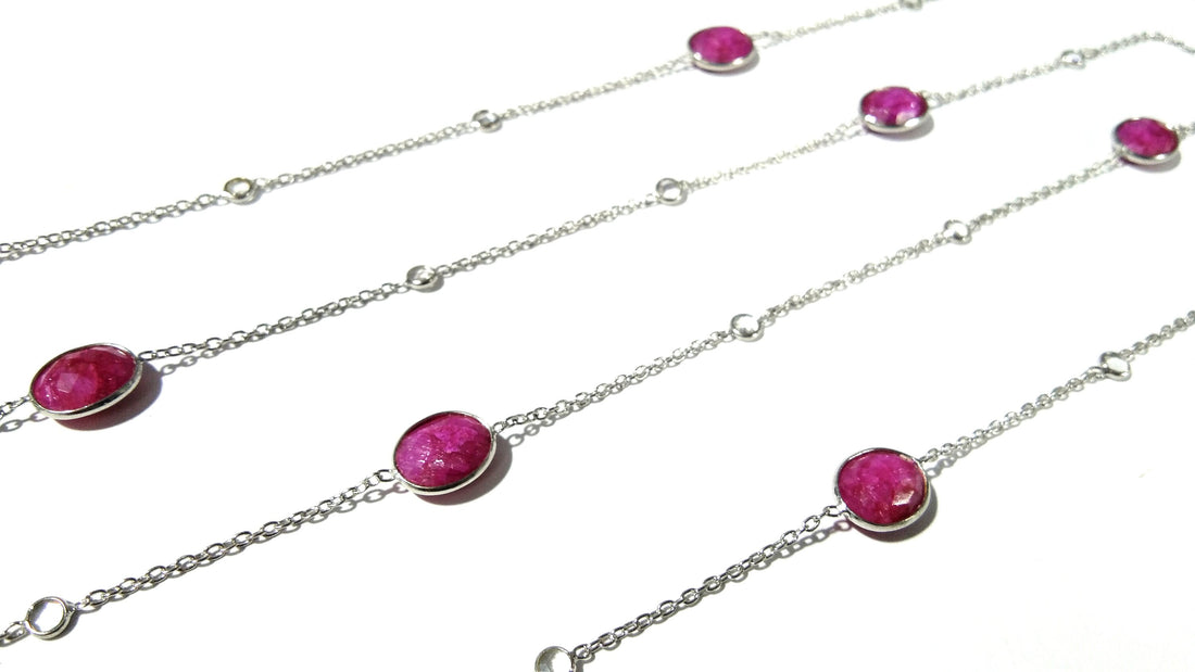 Ruby Necklace in 925 Sterling Silver With Zircon Polky Necklace, Handmade Bezel Necklace 40" Inches Length.