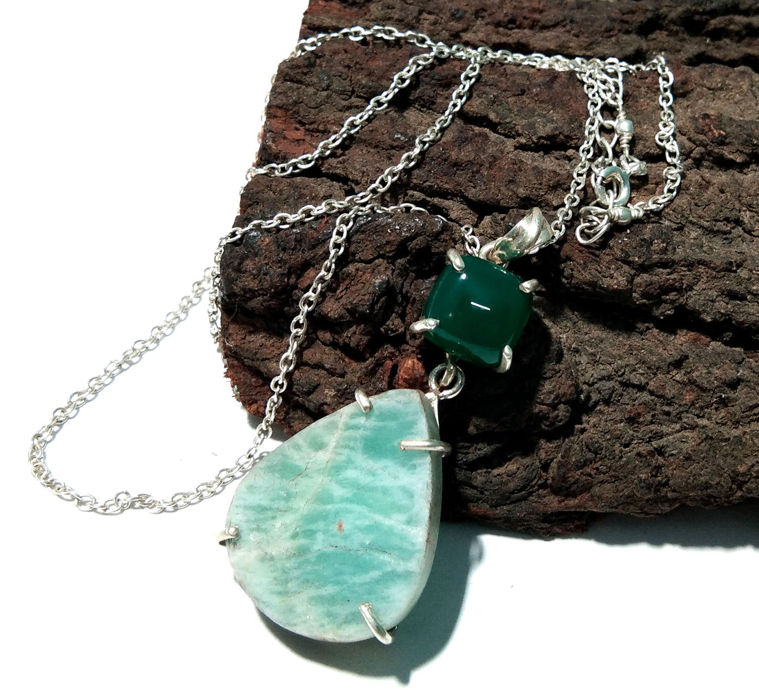 Natural Druzy Amazonite/Green Onyx Gemstone Chain Pendant Necklace, 925 Starling Silver Pendant Handmade Jewelry For Gift Wedding Pendant