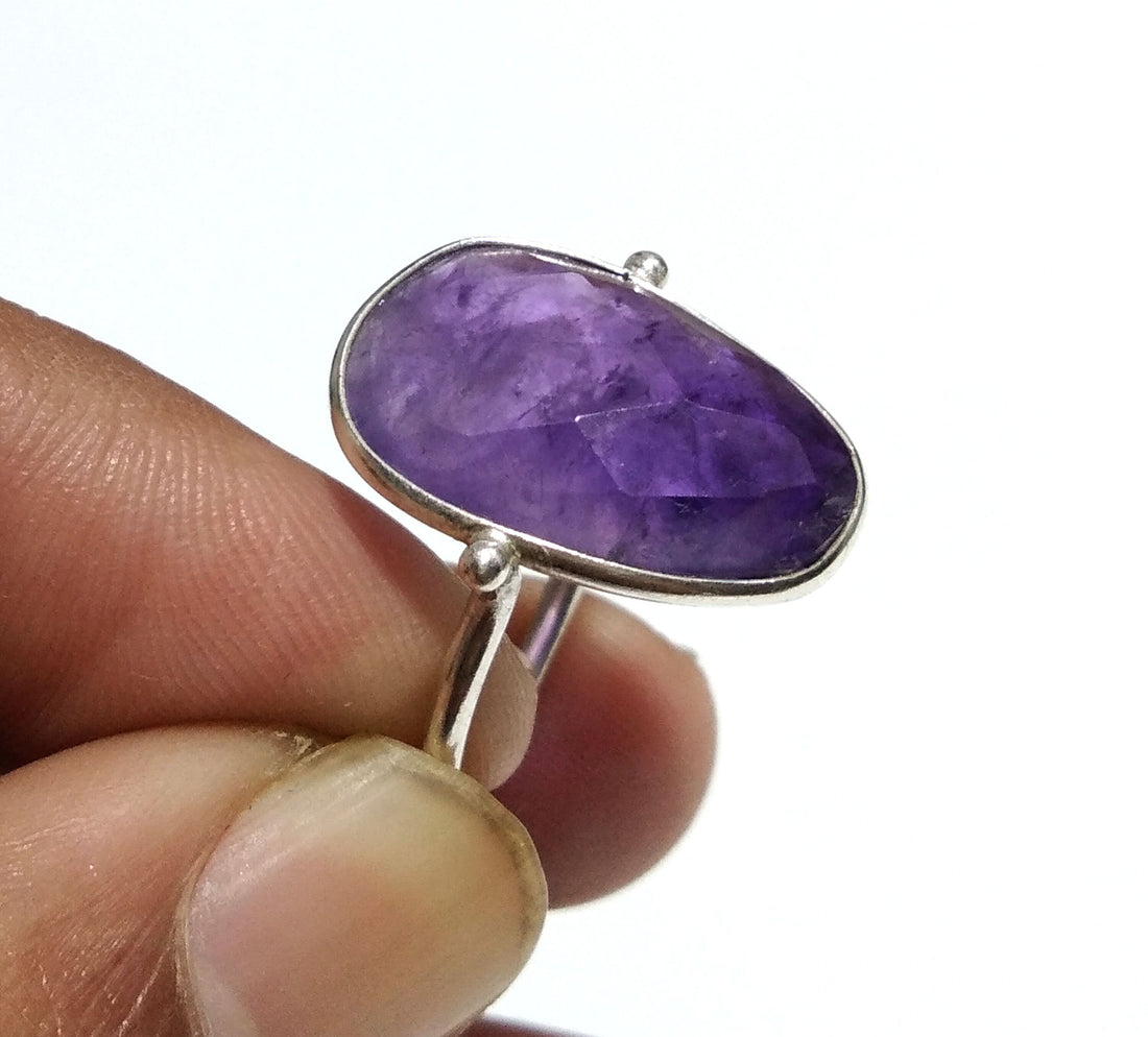 Amethyst Checker Cut Stone Ring, 925 Starling Silver Ring, Gemstone Size 18x14mm Natural Purple Amethyst Stone Gift Wedding Ring Jewelry