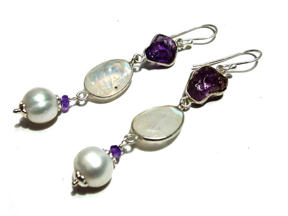 Bezel Earrings, Natural Gemstone Amethyst,Rainbow Moonstone & Pearl Earring, 925 Starling Silver Earring, Handmade Making Bezel Earring