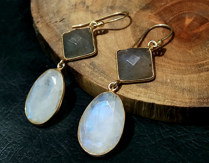 Beautiful Nice Earring ! Natural Gemstone Labradorite & Rainbow Moonstone Earring, 925 Starling Silver With Gold Plated Earring For Women.