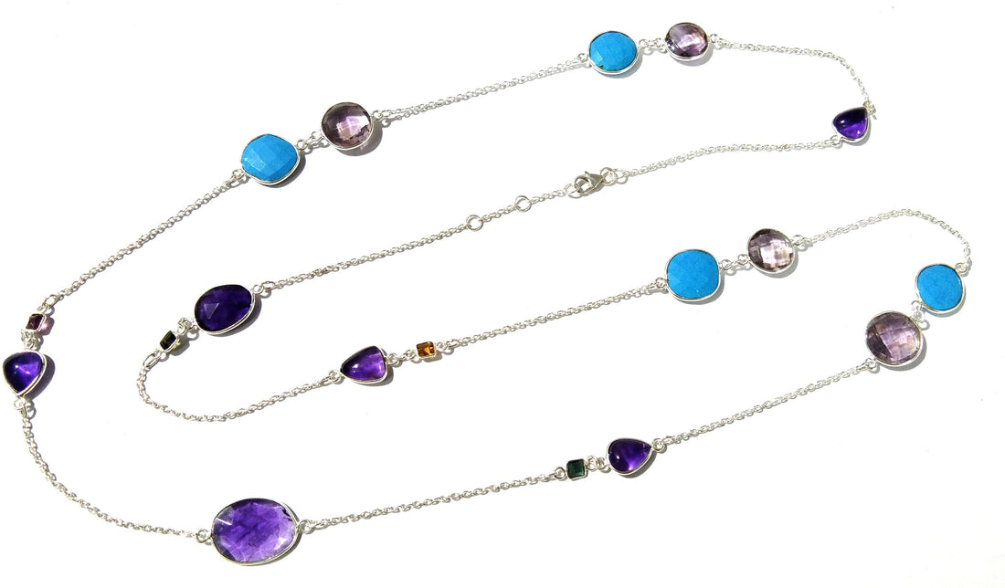 36'' Log Necklace In 925 Silver, Multi Gemstone Log Chain Necklace, Handmade Making Bezel Necklace For Girls & Women.