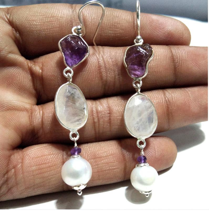 Bezel Earrings, Natural Gemstone Amethyst,Rainbow Moonstone & Pearl Earring, 925 Starling Silver Earring, Handmade Making Bezel Earring