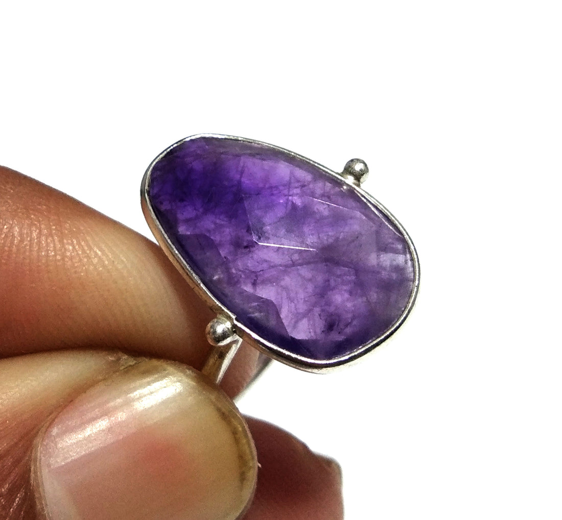 Amethyst Checker Cut Stone Ring, 925 Starling Silver Ring, Gemstone Size 18x14mm Natural Purple Amethyst Stone Gift Wedding Ring Jewelry