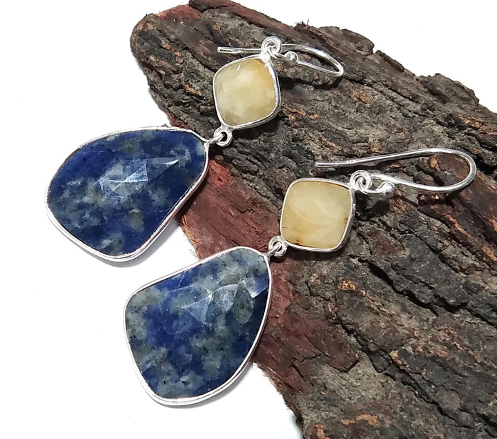 Very Nice Earring ! Yellow Sapphire & Blue Jade Natural Gemstone Earring, 925 Solid Starling Silver Jewelry, Handmade Bezel Earring For Gift