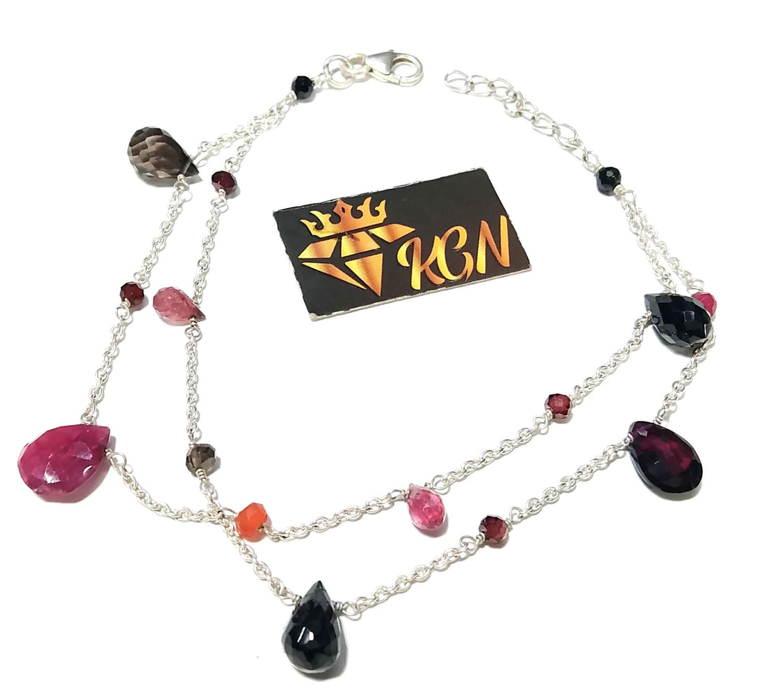 Red Ruby And Smoky Quartz Stone Bracelet, 925 Sterling Silver Bracelet, Natural Ruby,Smoky Adjustable Bracelet, 8 inches Gift Valentine day