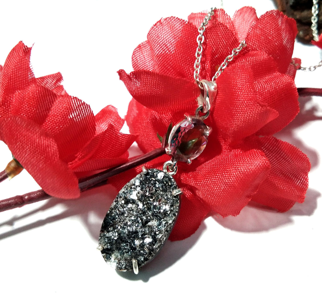 Natural Black Silver Mica Druzy/Faceted Amethyst Gemstone Chain Pendant Necklace, 925 Starling Silver Pendant Handmade Jewelry Birthday Gift