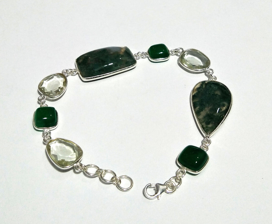 Natural Green Moss Agate/Green Onyx/Amethyst Gemstone Bracelet, 925 Sterling Silver Bracelet 8 inches Stone Size 25x15 mm to 9x9 mm Bracelet