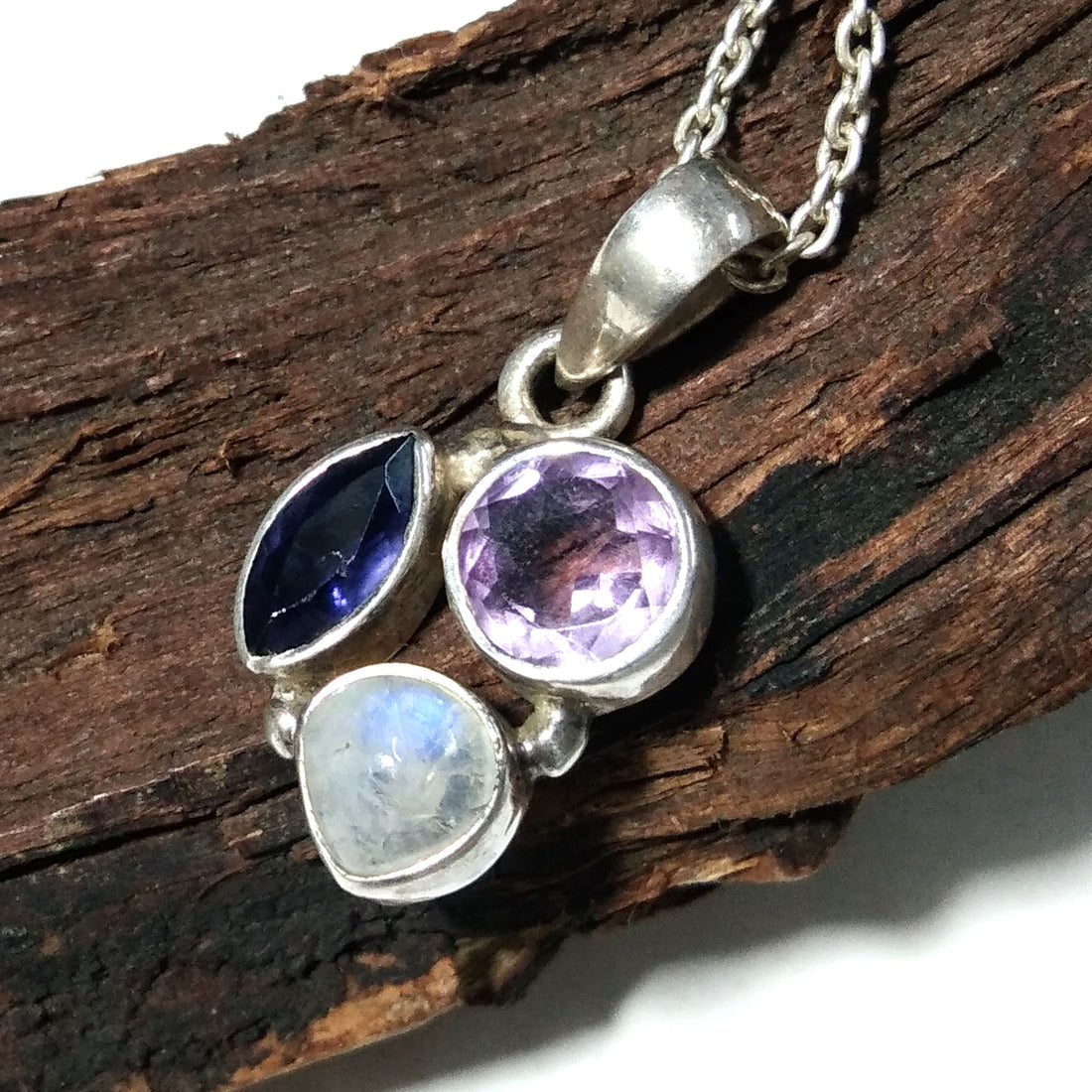 Natural Amethyst, Moonstone, iolite Gemstone Necklace Chain Pendant, 925 Starling Silver Pendant Necklace, Handmade Jewelry Birthday Pendant