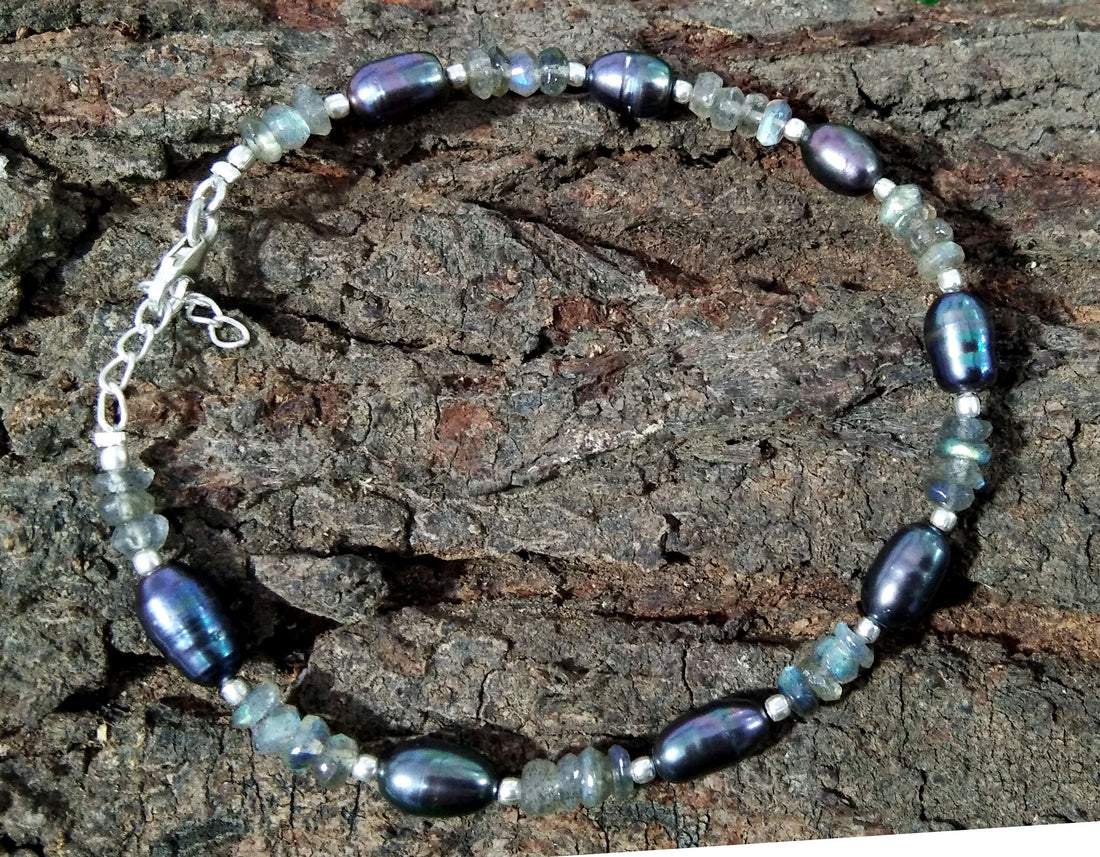 Labradorite & Grey Pearl Adjustable Bracelet, Natural Gemstone With 925 Silver Jewelry, Wedding Bracelet, Friendship Bracelet Gift For Women