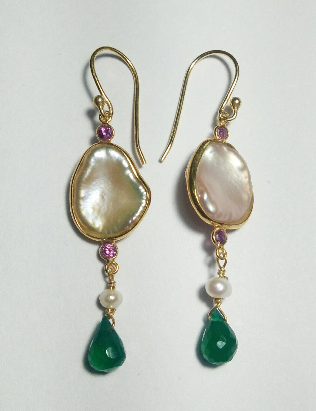 Natural Pearl, Garnet, Green Onyx Stone Earring, 925 Sterling Silver With Gold Plated & Delicate Earring, Handmade Earring Wedding Jewelry