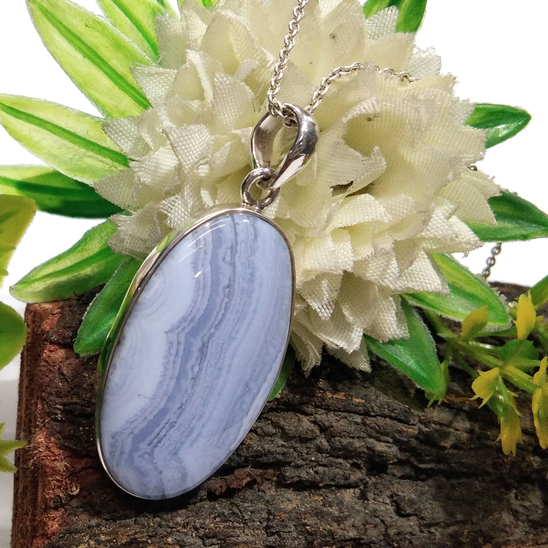 Natural Blue Lace Agate Gemstone Pendant Necklace Chain, 925 Starling Silver Pendant Necklace, Handmade Jewelry Stone Size 33x18 mm Pendant