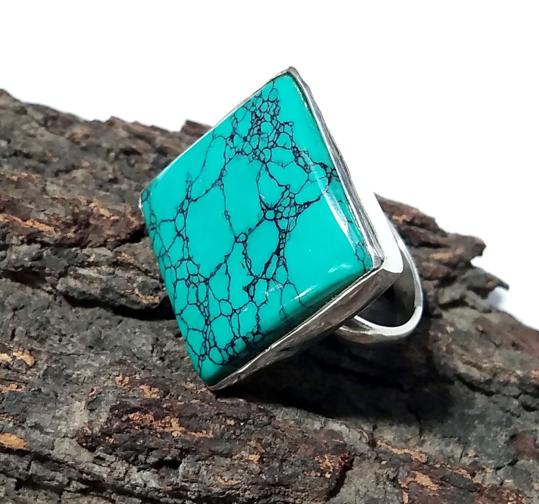 Turquoise Gemstone Rings, Solid 925 Sterling Silver Ring, Natural Turquoise Cabochon Stone Ring, Handmade Sterling Silver Statement Ring