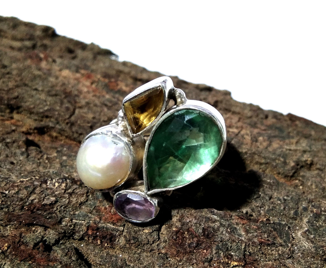 Fluorite, Citrine, Amethyst & Pearl Gemstone Ring, Very Beautiful Handmade Making Rings, ALL Natural Gemstone With 925 Starling Silver Ring