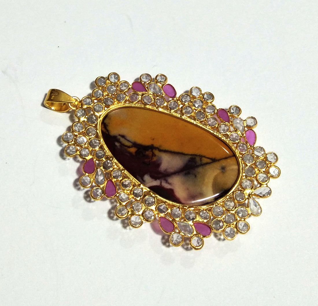 Natural Mookite Jasper, White Zircon Stone Pendant, Solid 925 Starling Silver Gold Plated Pendant, Stone Size 42x24 mm Halloween day Pendant
