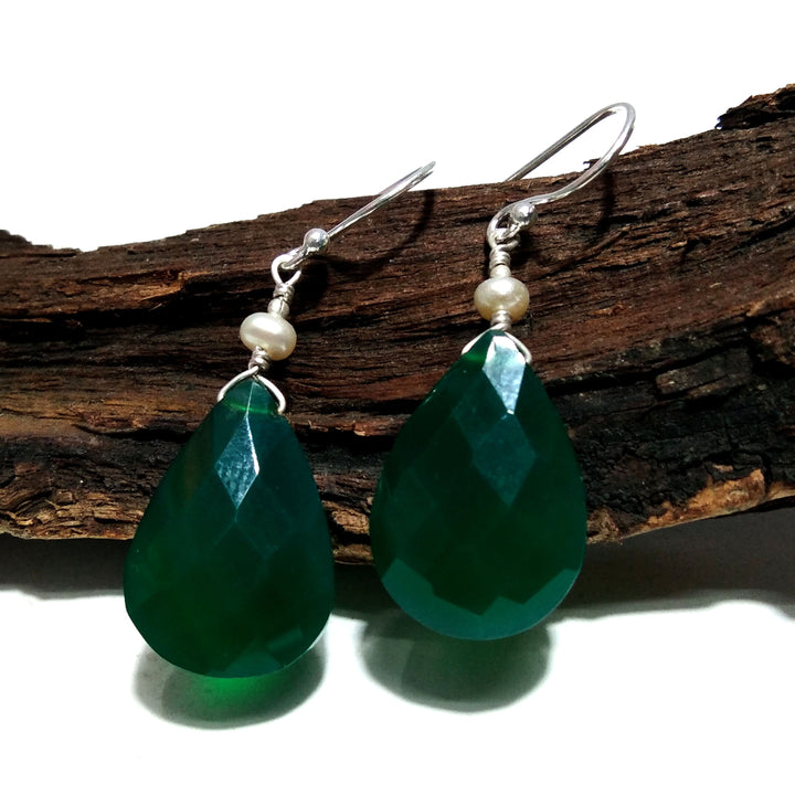 Very Beautiful Nice Earring, Green Onyx & Pearl Earring, 925 Starling Silver Handmade Making Earring, Gemstone Earring Gift For Girls/Women