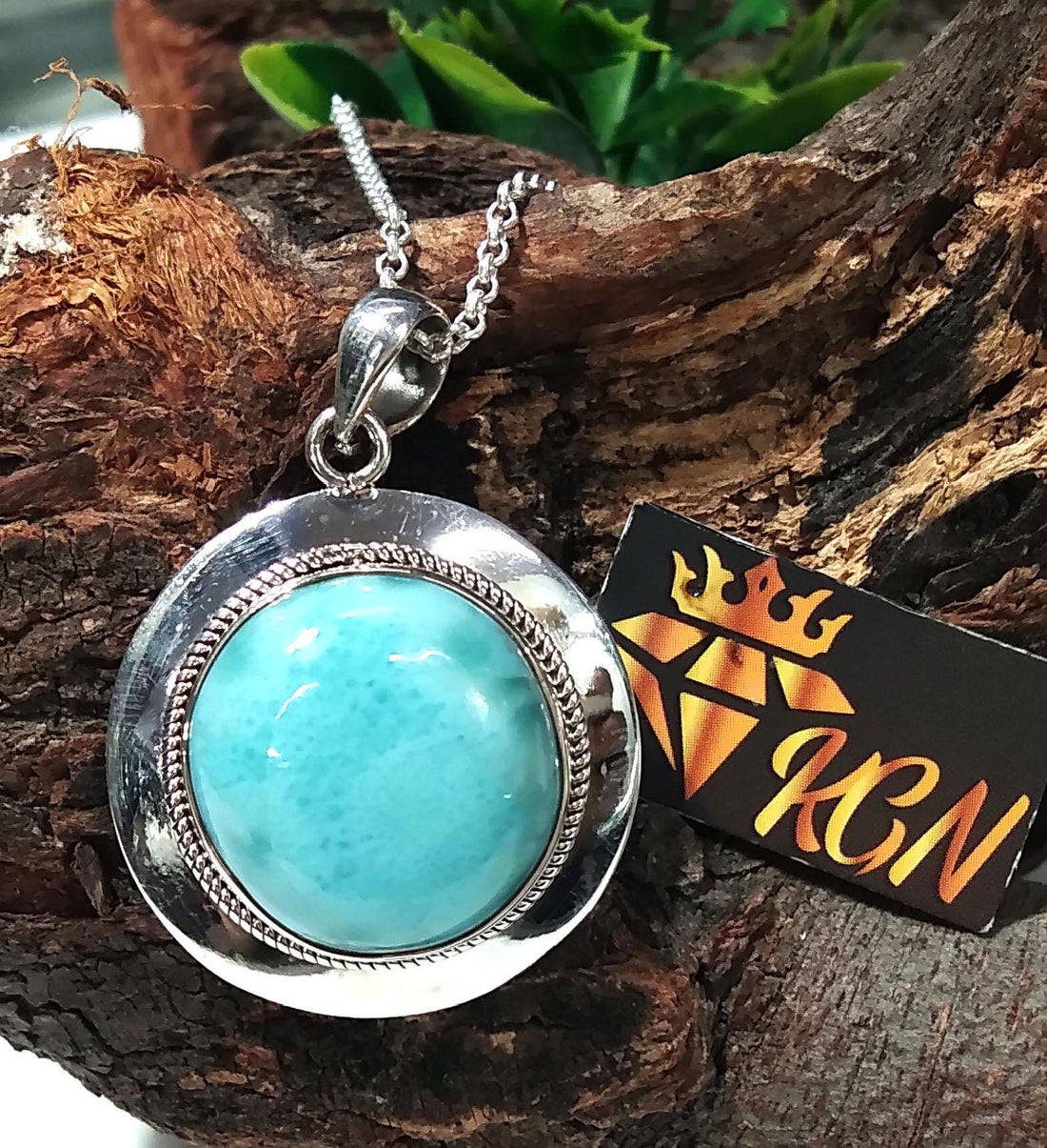 Larimar Chain Pendant Necklace, 925 Sterling Silver Pendant, Silver Designer Handmade Pendant, Marbled Round Shape Larimar Gemstone Pendant