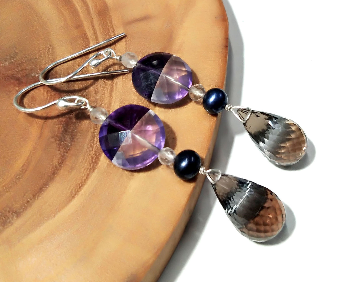 Very Fine Quality Amazing Color Natural Doublet Gemstone Amethyst, Crystal & Smoky Quartz With 925 Silver Multi Earring For Girls/Women Gift