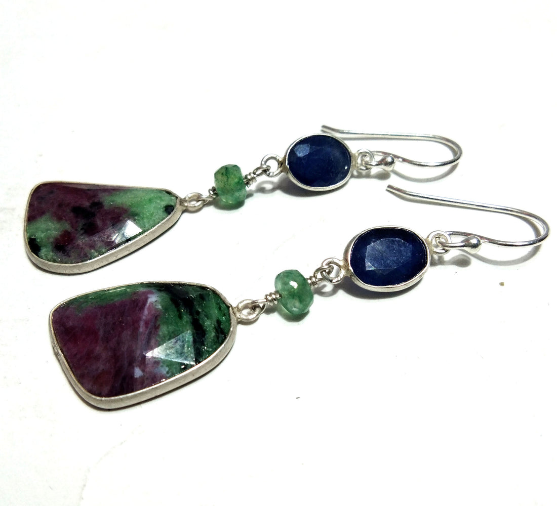 Ruby Zoisite & Blue Sapphire Earring, Amazing Design Bezel Stylish Earring,925 Starling Silver With Natural Gemstone Earring For Girls/Women