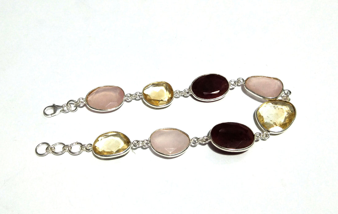 Natural Red Ruby/Rose Quartz/Lemon Quartz Gemstone Bracelet, 925 Sterling Silver Bracelet 8 inches Stone Size 16x14 mm Gift Wedding Bracelet