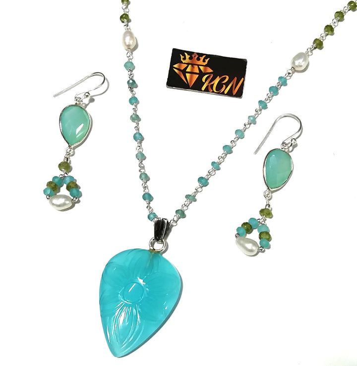 Aqua Calcy Carving Gemstone Earrings And Necklace Jewelry Set, 925 Sterling Silver Jewelry Necklace, Handmade Necklace Gift For Girls/Women