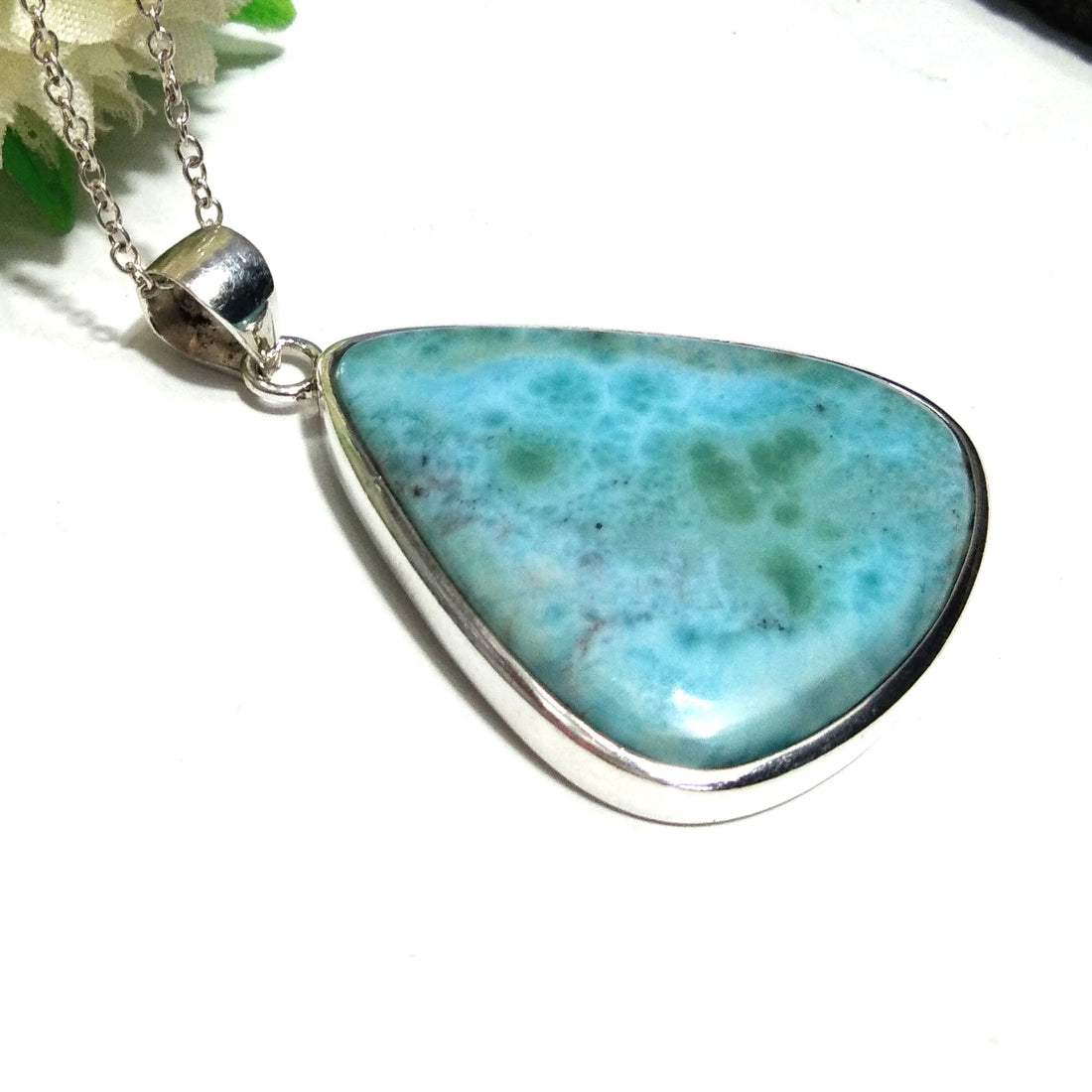 Natural Larimar Gemstone Chain Pendant Necklace, 925 Starling Silver Pendant, Handmade Jewelry Wonderful Larimar Stone Size 37x32 mm Pendant
