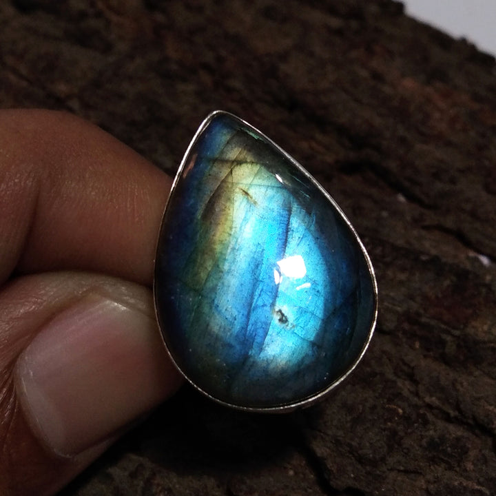 Natural Labradorite Blue Fire Gemstone Ring, 925 Solid Sterling Silver Ring, Labradorite Stone Size 25x18mm Handmade Ring Gift Birthday Ring