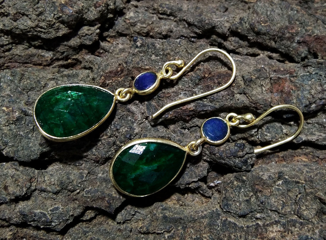 925 Sterling Silver Earring, Natural Emerald & Blue Sapphire With Gold Plated Earring, Beautiful Bezel Earring, For Girls/Women Gift