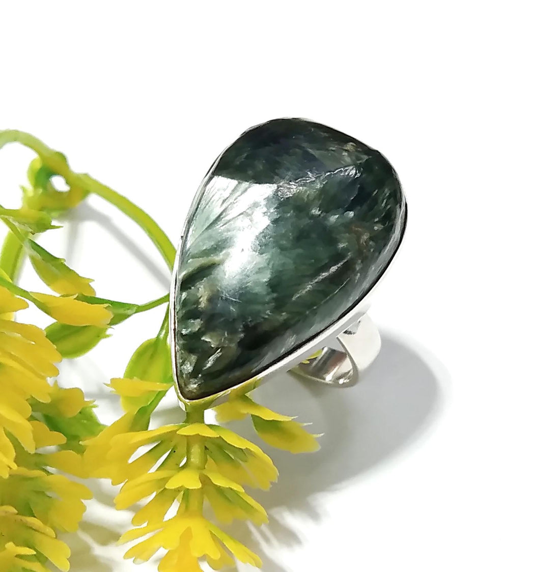 Natural Green Seraphinite Gemstone Ring, 925 Starling Silver Ring, A+++ Seraphinite Stone Size 26x16 mm Silver Handmade Ring, Gift Birthday