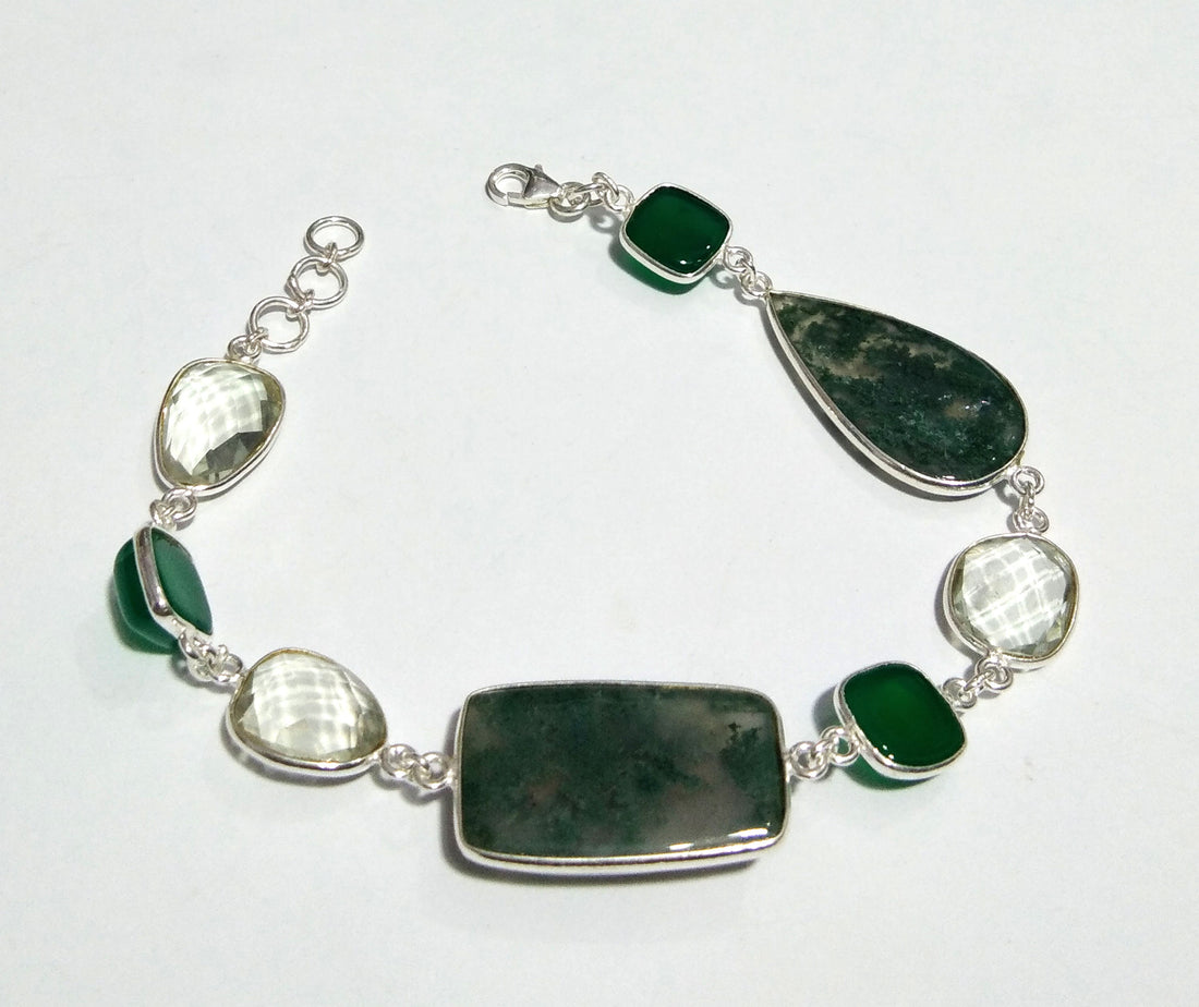 Natural Green Moss Agate/Green Onyx/Amethyst Gemstone Bracelet, 925 Sterling Silver Bracelet 8 inches Stone Size 25x15 mm to 9x9 mm Bracelet