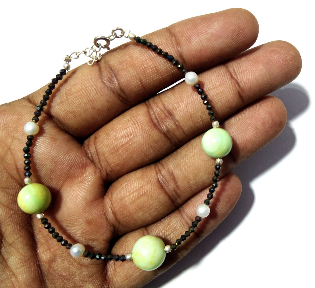 20% Off !!! Green Opal & Black Spinel With 925 Silver Bracelet, May August Birthstone, Healing Stone, Skinny Stacking Gemstone Bracelet Gift