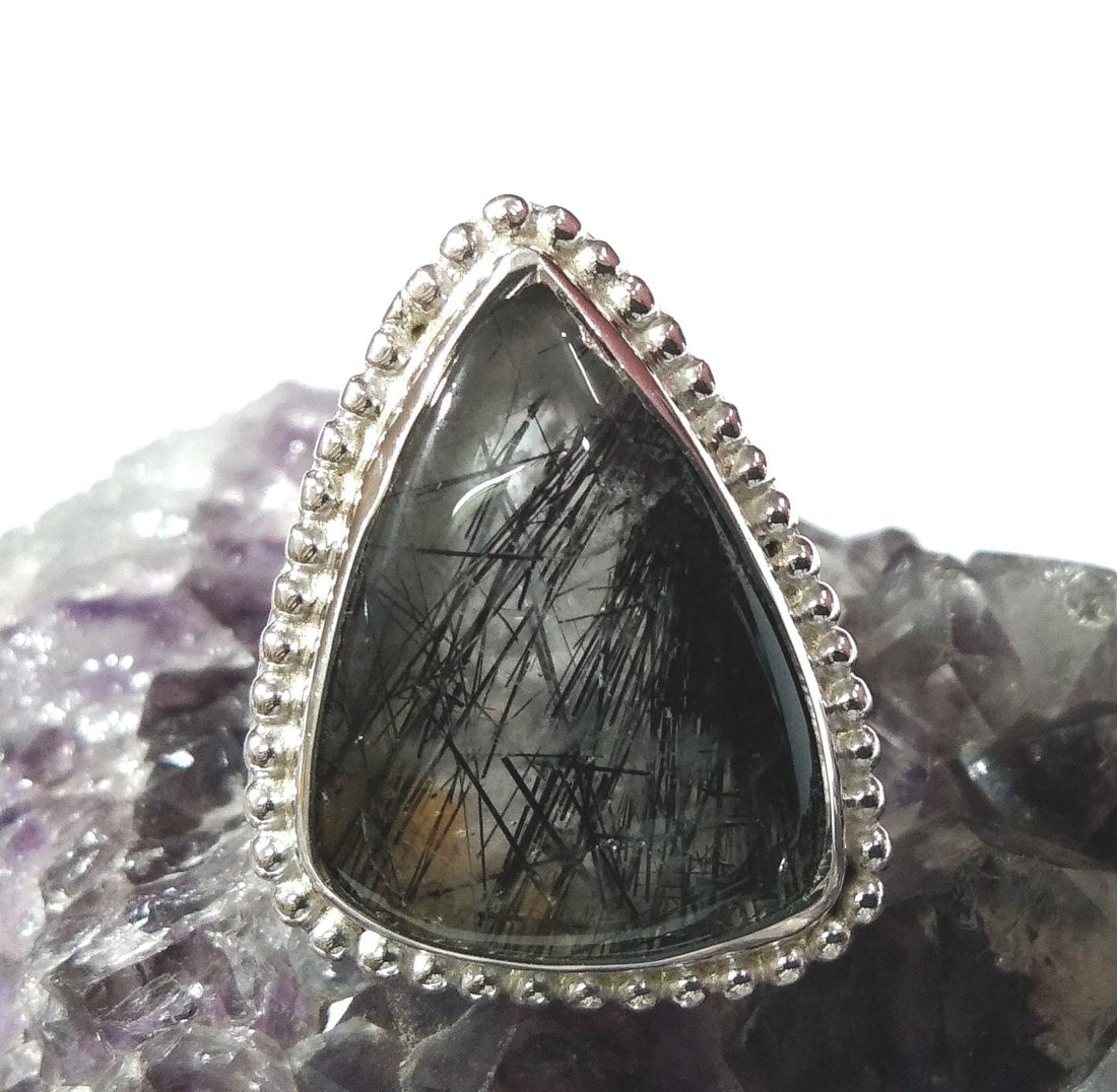 AAA+ Gemstone Black Rutile Quartz Cabochon Rings ! 925 Starling Silver Jewelry, Natural Stone Black Rutile Ring, Crystal Ring For Women Gift
