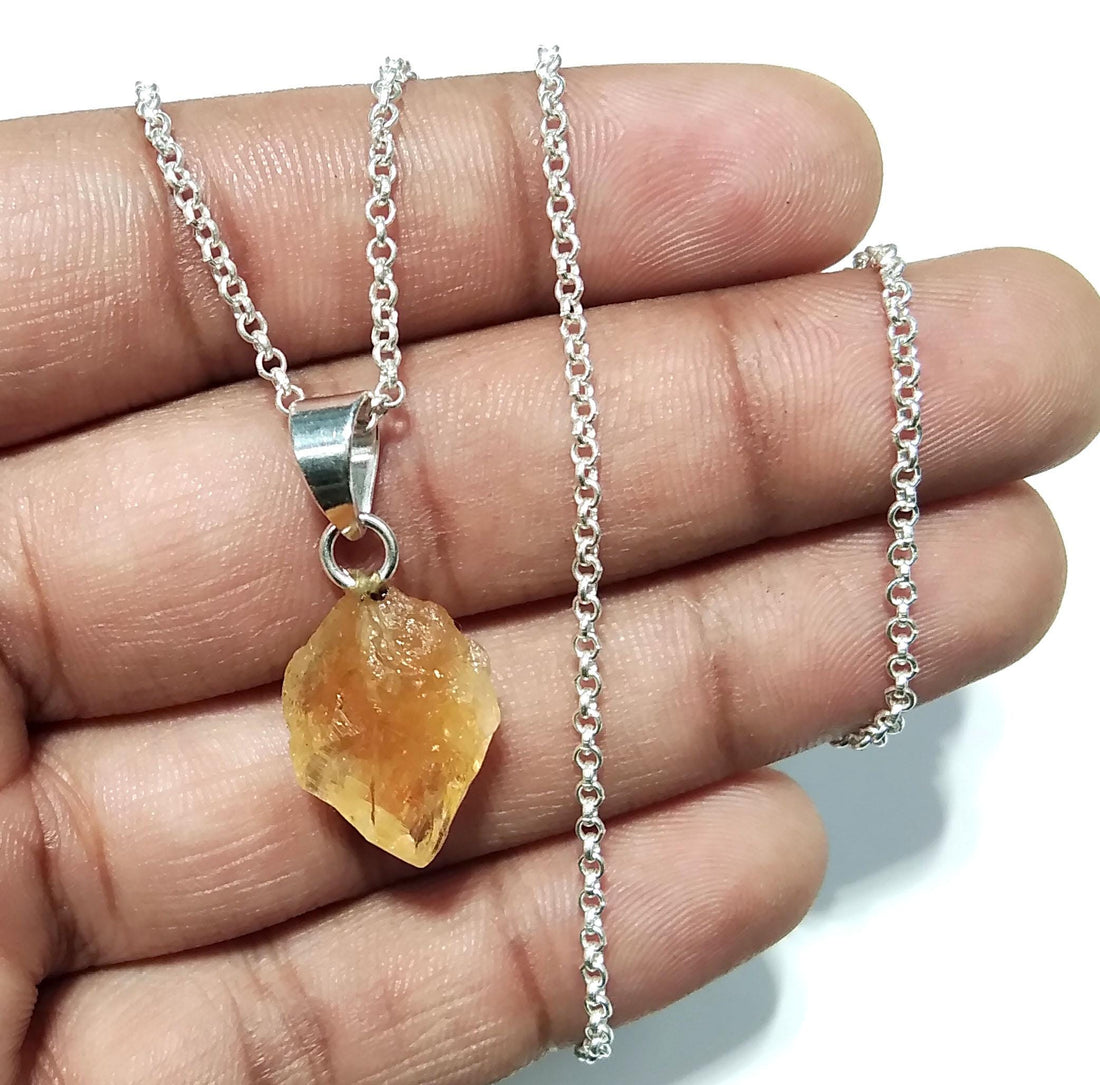 Natural Citrine Raw Gemstone Pendant, Solid 925 Starling Silver Pendant Chain Necklace, Handmade Jewelry Stone Size 18x13 mm Gift Pendant