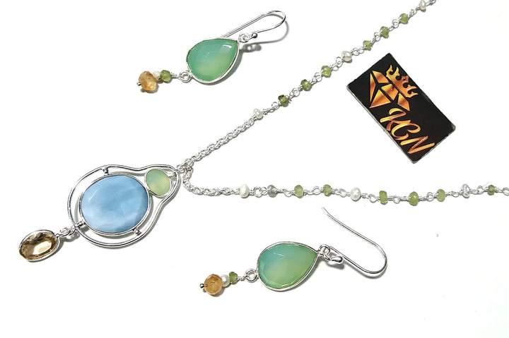 Natural Blue Opal,Chrysoprase,Citrine Gemstone Necklace Earring Jewelry Set, 925 Sterling Silver Necklace Earring Jewelry, Gift For Women.