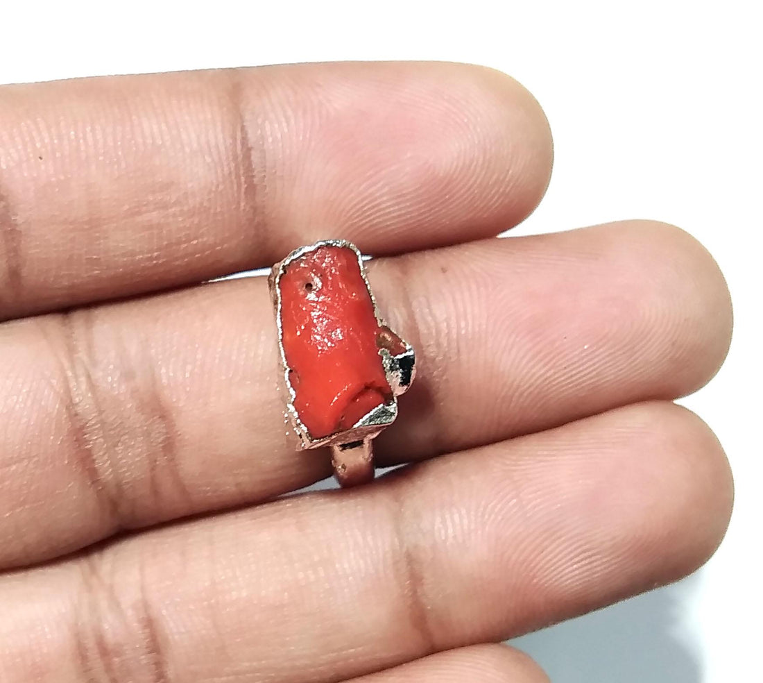 Red Coral Ring, Natural Rough Gemstone Ring, 925 Solid Sterling Silver Ring, Red Coral Stone Size 13x7mm Handmade Ring Gift Wedding Ring