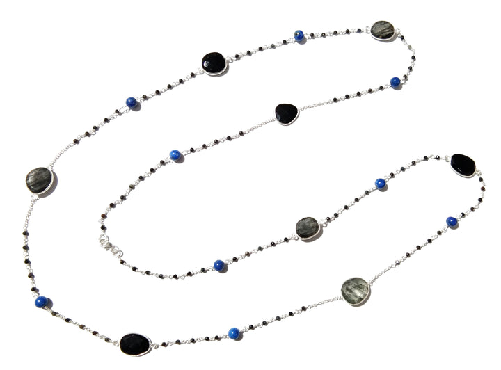 44'' Log Necklace ! Black Rutile Necklace With Lapis Lazuli & Black Onyx, 925 Sterling Silver Jewelry, Handmade Beaded Necklace.