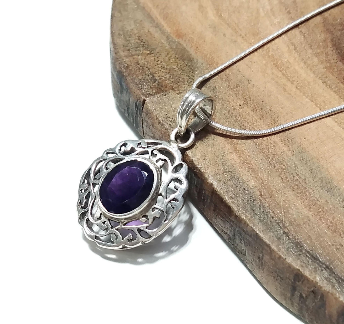 Natural Amethyst Gemstone Chain Pendant Necklace, 925 Starling Silver Amazing Design Nice Color Amethyst Stone Pendant, For Gift Girls/Women