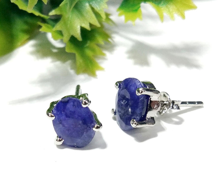 Blue Sapphire Stud Earrings, 925 Solid Silver Earring Jewelry, Sapphire Gemstone Oval Shape Stone Size 8x6mm Birthday Gift For Her Studs