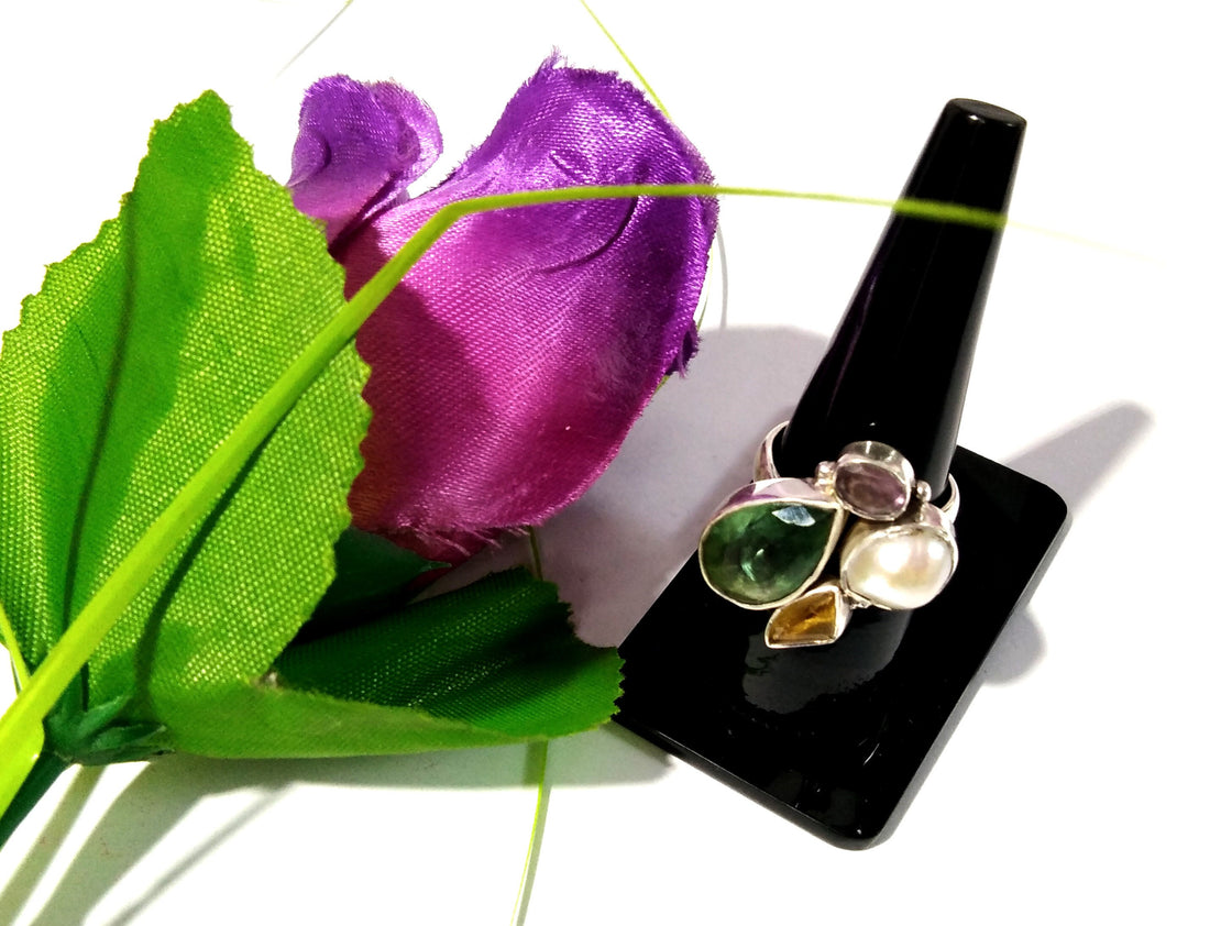 Fluorite, Citrine, Amethyst & Pearl Gemstone Ring, Very Beautiful Handmade Making Rings, ALL Natural Gemstone With 925 Starling Silver Ring