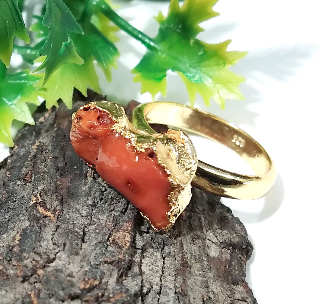 Natural Red Coral Rough Stone Ring, Solid 925 Sterling Silver Gold Plated Ring, Red Coral Stone Size 15x8 mm Handmade Gift Statement Ring