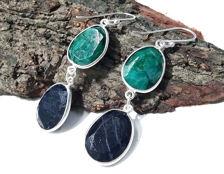 Natural Emerald, Blue Sapphire Stone Earring, 925 Solid Starling Silver Earring Gemstone, Gift Wedding Earring, Jewelry Birthstone Earring
