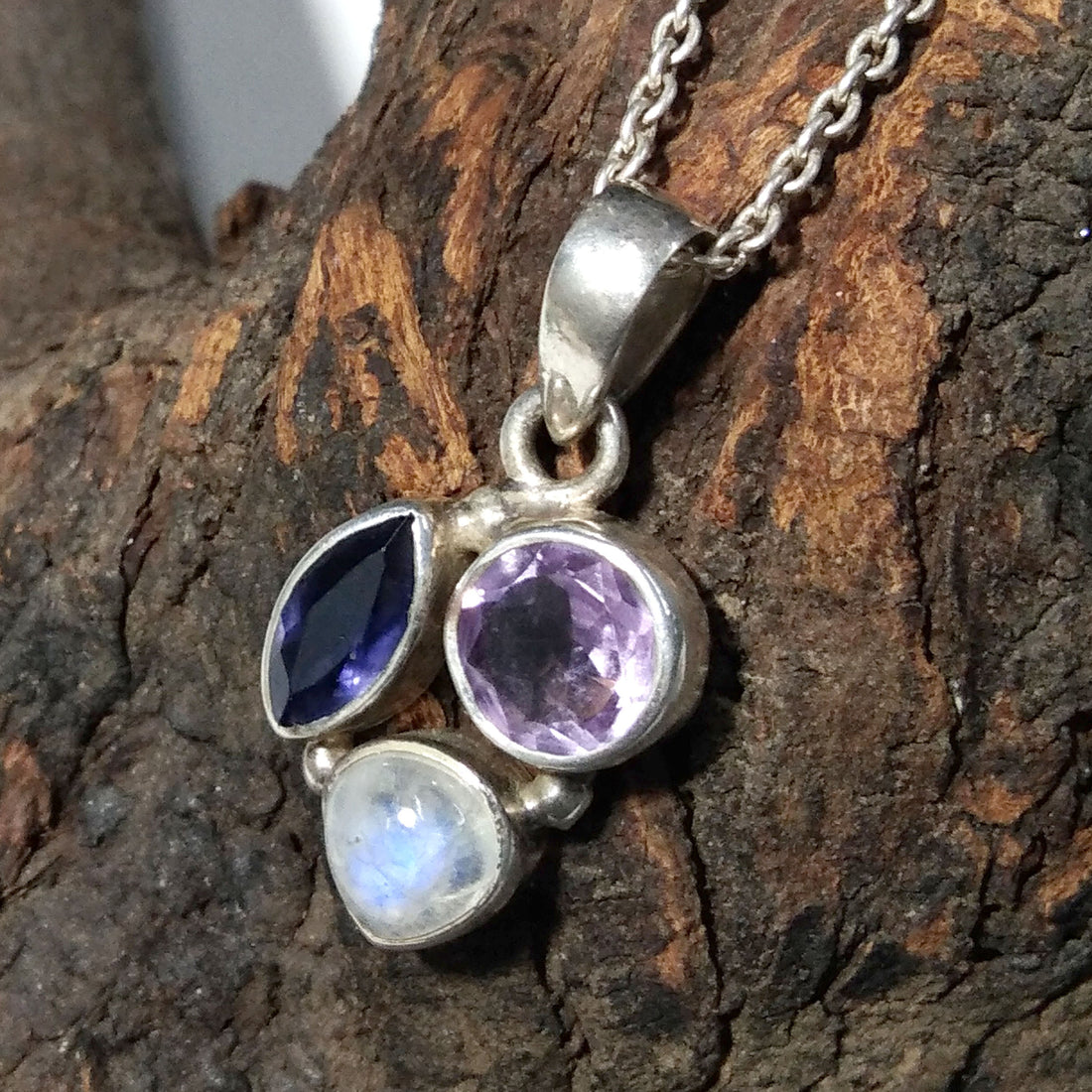 Natural Amethyst, Moonstone, iolite Gemstone Necklace Chain Pendant, 925 Starling Silver Pendant Necklace, Handmade Jewelry Birthday Pendant