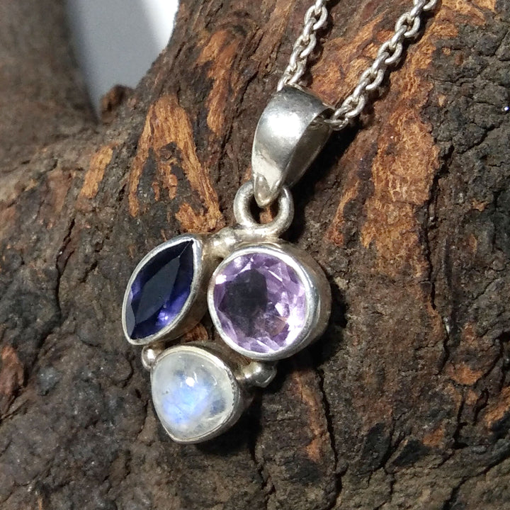 Natural Amethyst, Moonstone, iolite Gemstone Necklace Chain Pendant, 925 Starling Silver Pendant Necklace, Handmade Jewelry Birthday Pendant