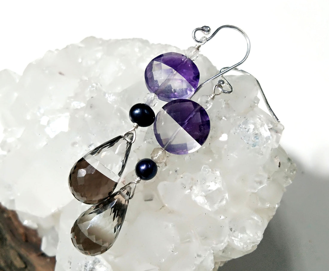 Very Fine Quality Amazing Color Natural Doublet Gemstone Amethyst, Crystal & Smoky Quartz With 925 Silver Multi Earring For Girls/Women Gift