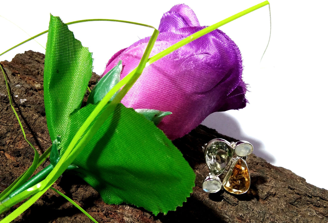 Green Amethyst, Citrine & Rainbow Moonstone Rings, 925 Sterling Silver Jewelry, Multi Natural Gemstone Ring, Handmade Jewelry