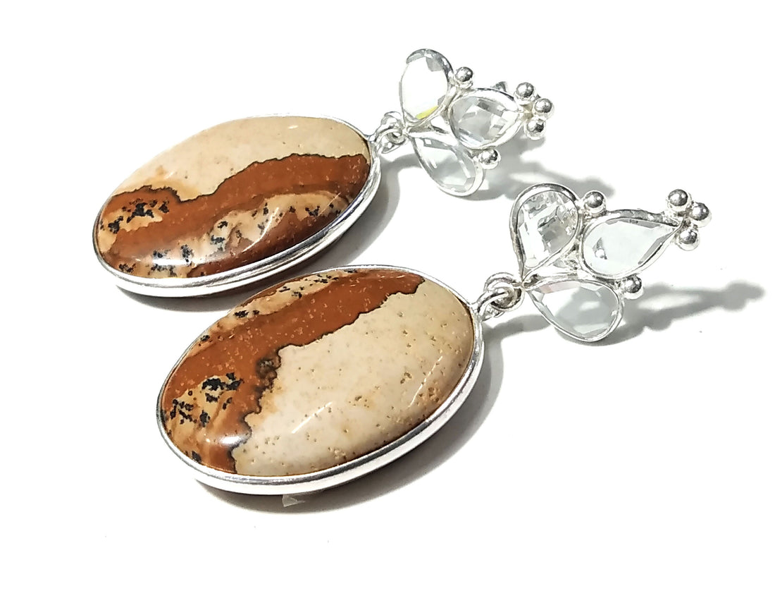 White Zircon & Picture Jasper Earrings, 925 Silver With Natural Gemstone Zircon Faceted And Picture Jasper Earring, For Girls/Women.