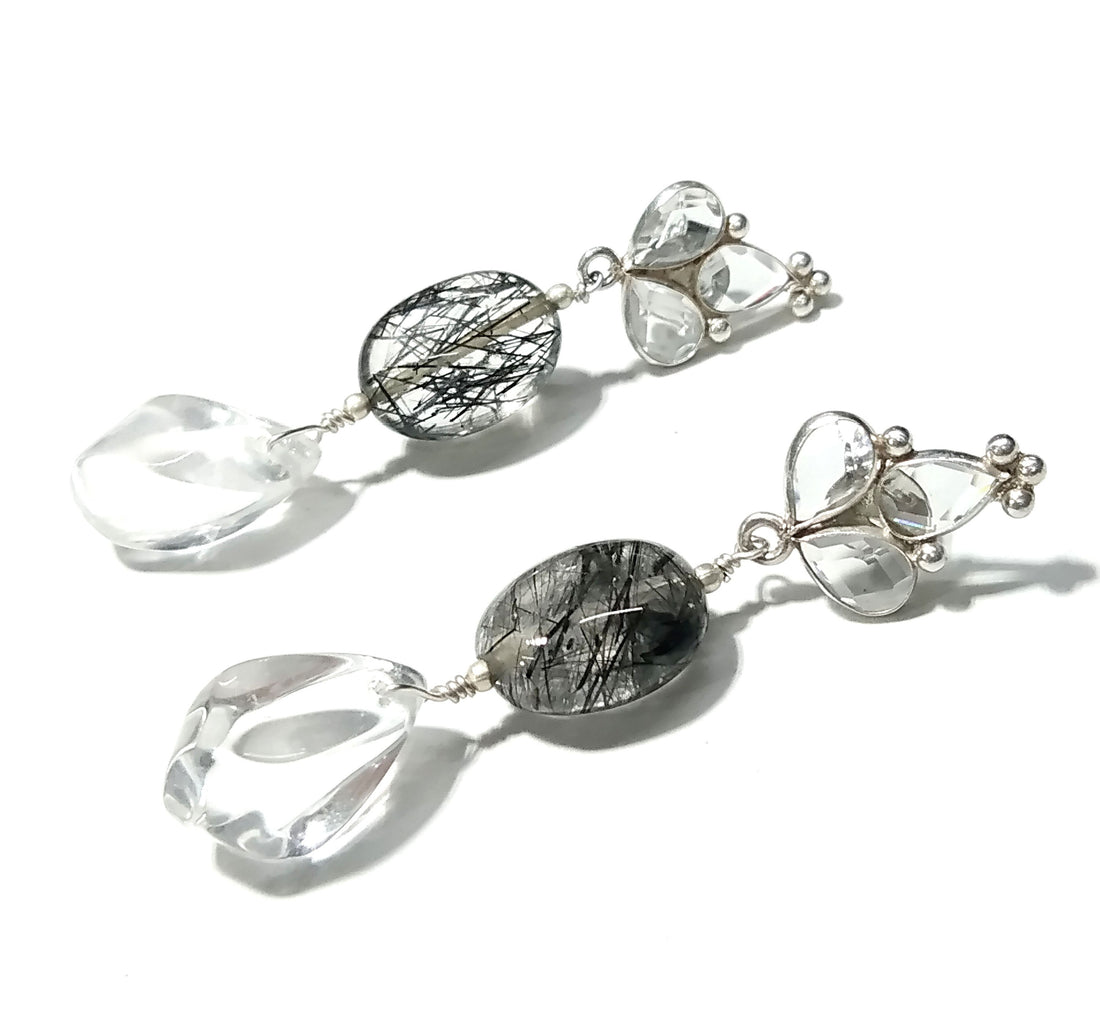 Rutile Quartz/Zircon And Crystal Gemstone Earrings ! 925 Silver With Natural Gemstone Zircon Faceted & Rutile Quartz Earring